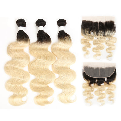 Ombre Blond Body Wave Remy 3 Human Hair Bundles with One 4×13 Free/Middle Lace Frontal (1B/613) (3947267686470)