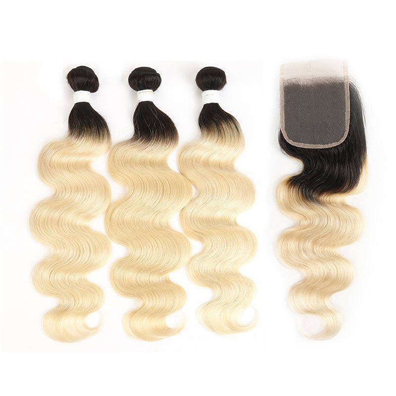 Ombre Blond Body Wave Remy 3 Human Hair Bundles with One 4×4 Free/Middle Lace Closure (1B/613) (3947263459398)