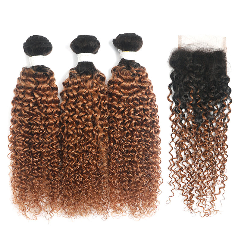 Kinky Curly Ombre Ginger Brown 3 Bundles with 4×4 Lace Closure(T1B/30) (4375205314630)