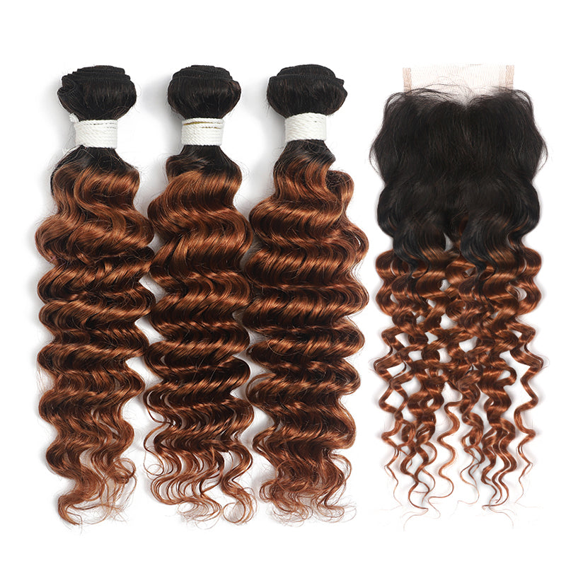 Deep Wave Ombre Ginger Brown 3 Bundles with 4×4 Lace Closure(T1B/30) (4374947299398)