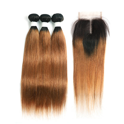 Ombre 30 Straight 3 Human Hair Bundles with One 4×4 Free/Middle Lace Closure (4251445526598)