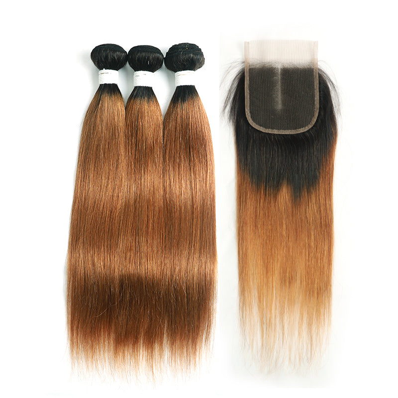 Ombre 30 Straight 3 Human Hair Bundles with One 4×4 Free/Middle Lace Closure (4251445526598)