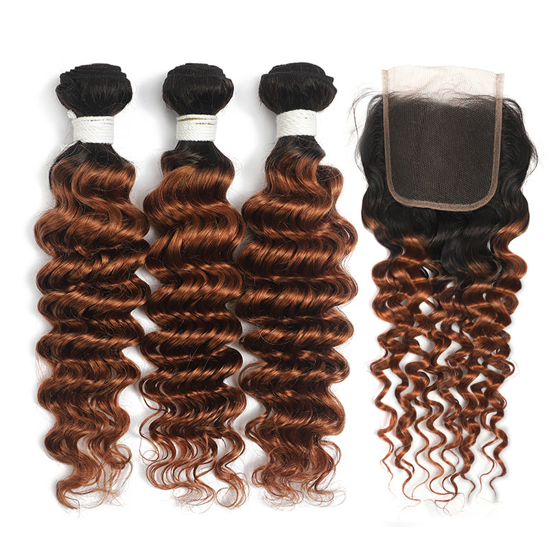 Deep Wave Ombre Ginger Brown 3 Bundles with 4×4 Lace Closure(T1B/30) (4374947299398)