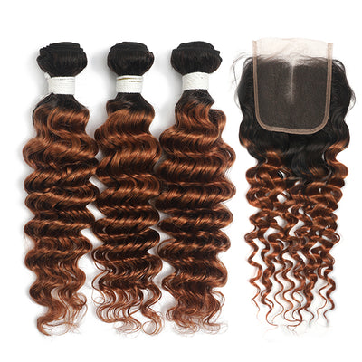 Deep Wave Ombre Ginger Brown 3 Bundles with 4×4 Lace Closure(T1B/30) (4374947299398)