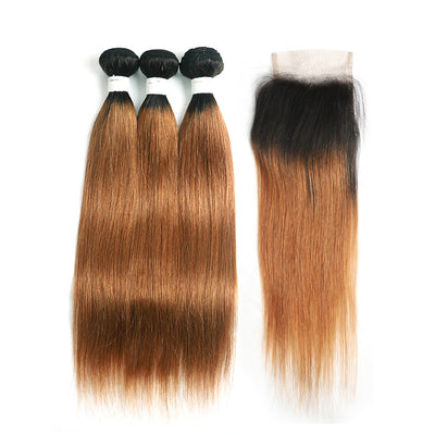 Ombre 30 Straight 3 Human Hair Bundles with One 4×4 Free/Middle Lace Closure (4251445526598)