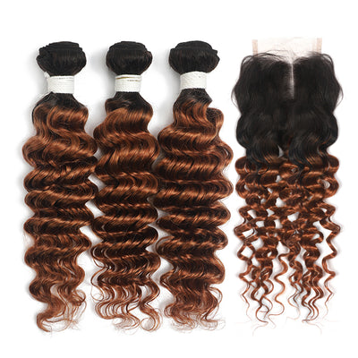 Deep Wave Ombre Ginger Brown 3 Bundles with 4×4 Lace Closure(T1B/30) (4374947299398)