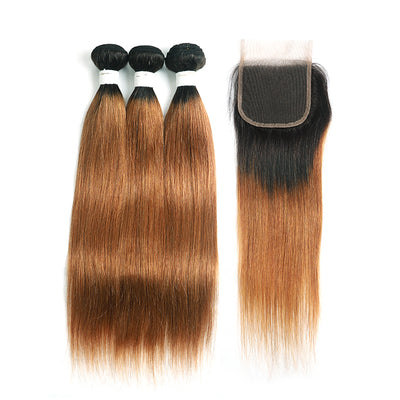 Ombre 30 Straight 3 Human Hair Bundles with One 4×4 Free/Middle Lace Closure (4251445526598)