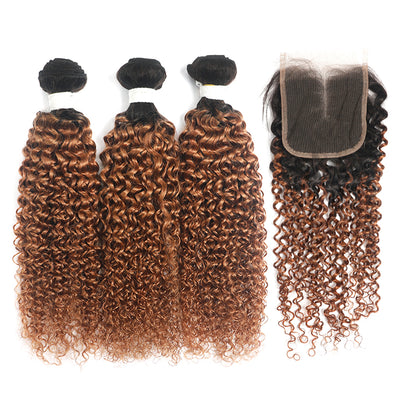 Kinky Curly Ombre Ginger Brown 3 Bundles with 4×4 Lace Closure(T1B/30) (4375205314630)