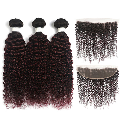 Ombre Red Wine kinky curly 3 Hair Bundles with One Free/Middle Part 4×13 Lace Frontal(T1B/99J) (4340079329350)