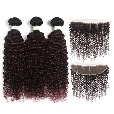 Ombre Red Wine kinky curly 3 Hair Bundles with One Free/Middle Part 4×13 Lace Frontal(T1B/99J) (4340079329350)