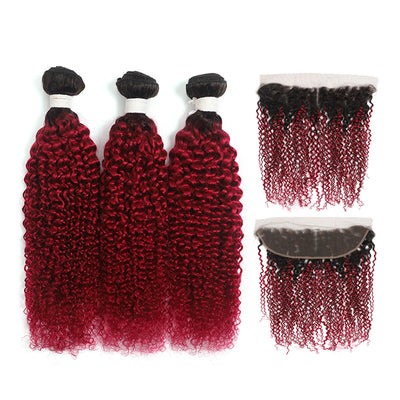 Kemy Hair Kinky Curly Ombre Burgundy Red Human Hair 3Bundles with 4×13 Lace Frontal