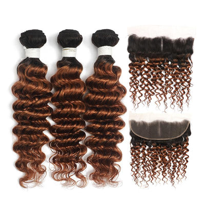 Kemy Hair Ombre Brown Ginger Deep Wave Human Hair 3Bundles with 4×13 Lace Frontal（T1B/30）