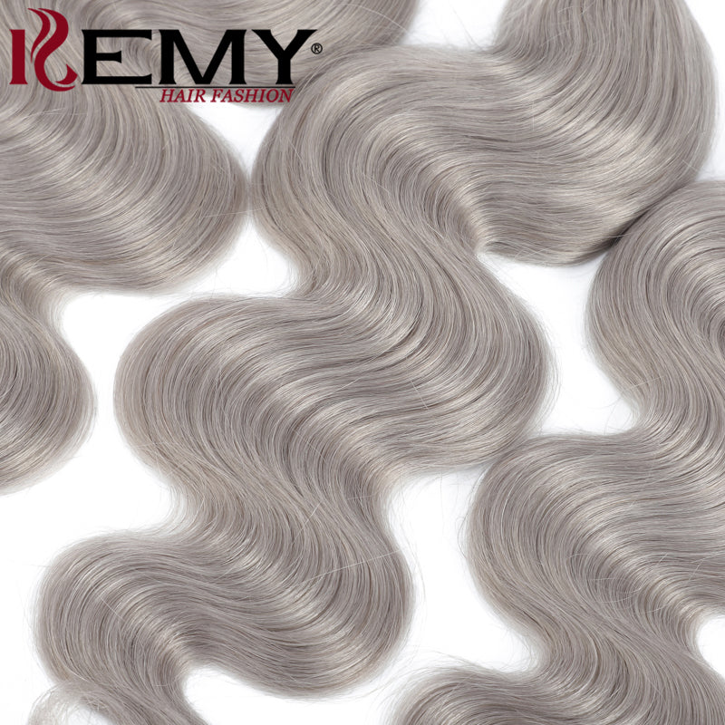 Kemy Hair Body Wave Silver Gray Remy 3Bundles Human Hair with 4×4 Lace Closure