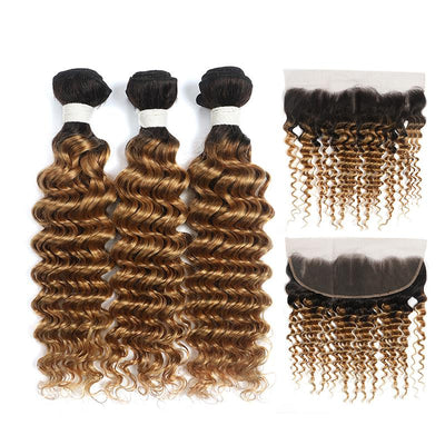 Kemy Hair Ombre Honey Blonde Deep Wave  3 Bundles with Lace Frontal (T1B/27)