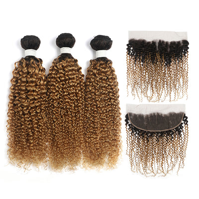Kinky Curly Ombre Honey Blonde 3 Bundles with one Free/Middle Part Lace Frontal (4330073194566)