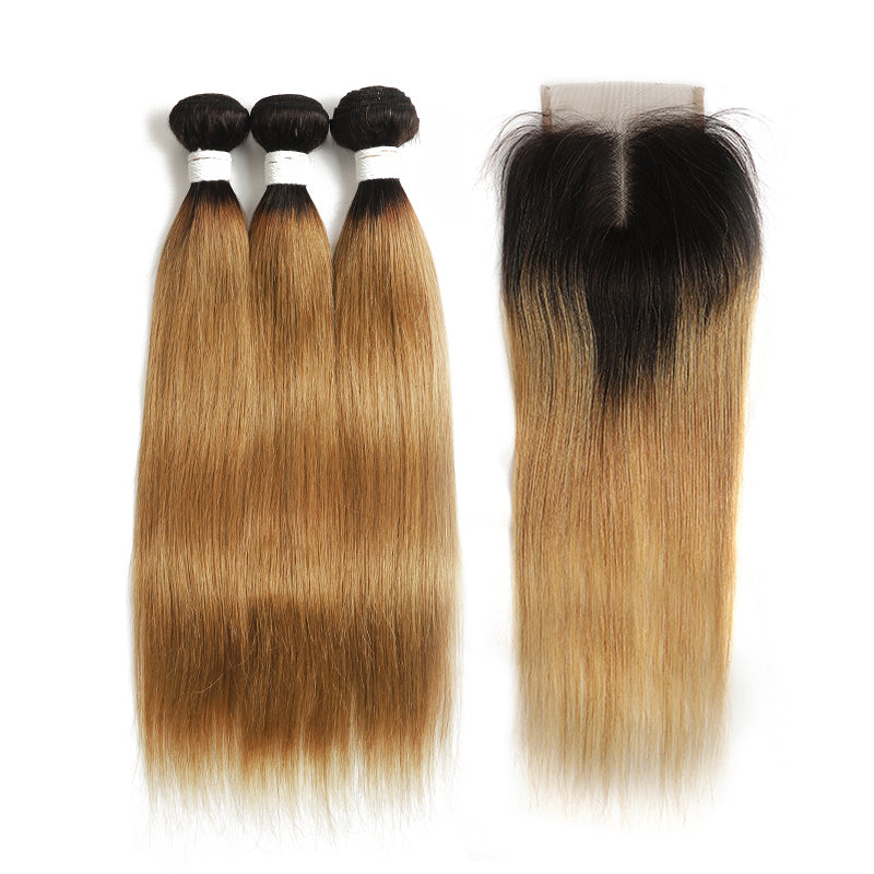 Ombre 27 Straight 3 Human Hair Bundles with One 4×4 Free/Middle Lace Closure (4249239617606)