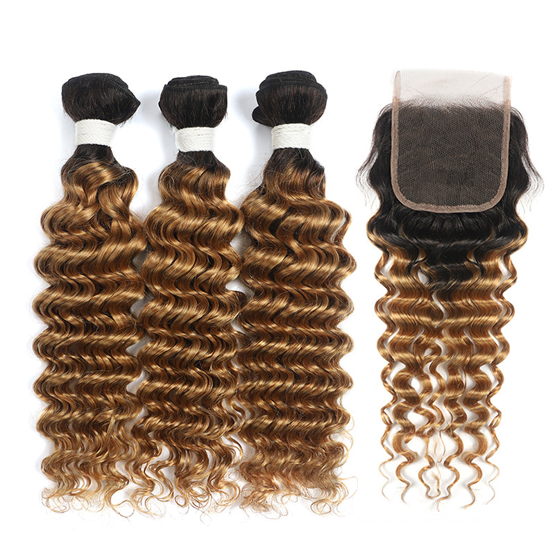 Deep Wave Ombre Honey Blonde 3 Bundles with one Free/Middle Part Lace Closure (4330047864902)