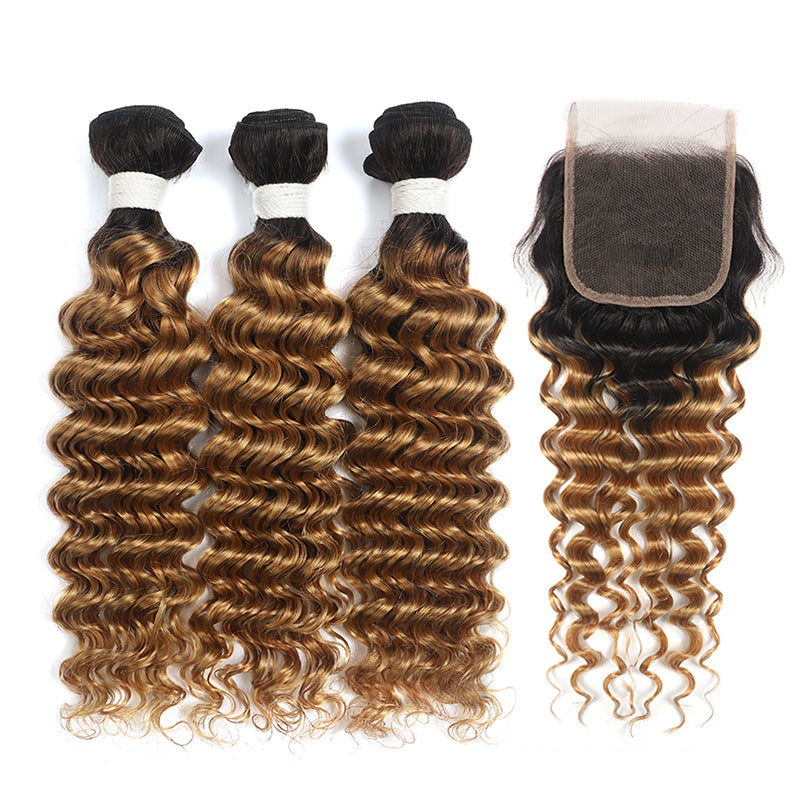 Deep Wave Ombre Honey Blonde 3 Bundles with one Free/Middle Part Lace Closure (4330047864902)