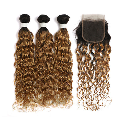 Water Wave Ombre Honey Blonde 3 Bundles with one Free/Middle Part Lace Closure (4330231365702)