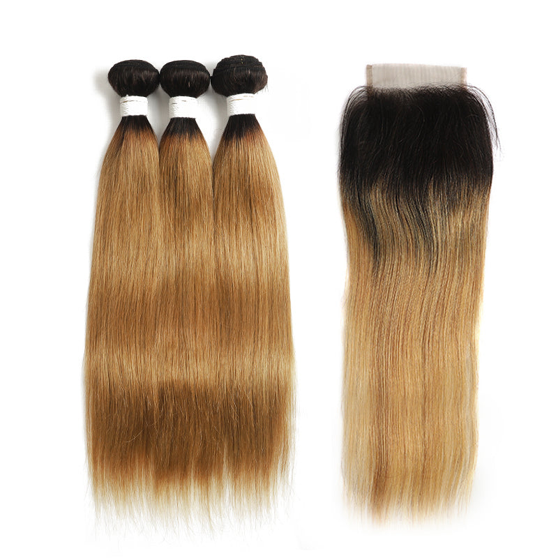 Ombre 27 Straight 3 Human Hair Bundles with One 4×4 Free/Middle Lace Closure (4249239617606)