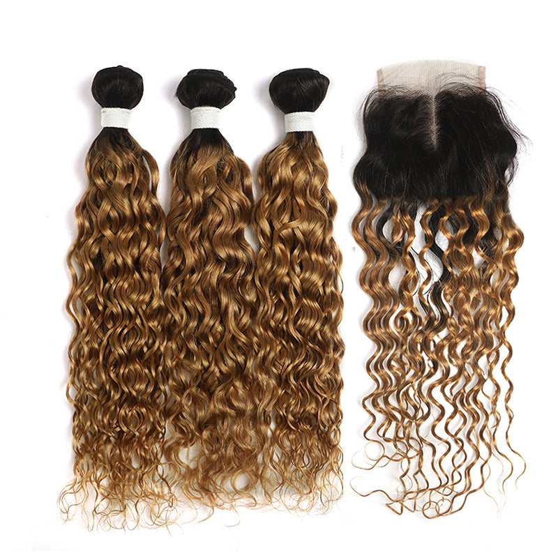 Water Wave Ombre Honey Blonde 3 Bundles with one Free/Middle Part Lace Closure (4330231365702)