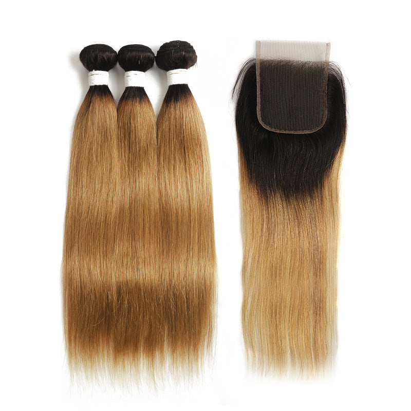 Ombre 27 Straight 3 Human Hair Bundles with One 4×4 Free/Middle Lace Closure (4249239617606)