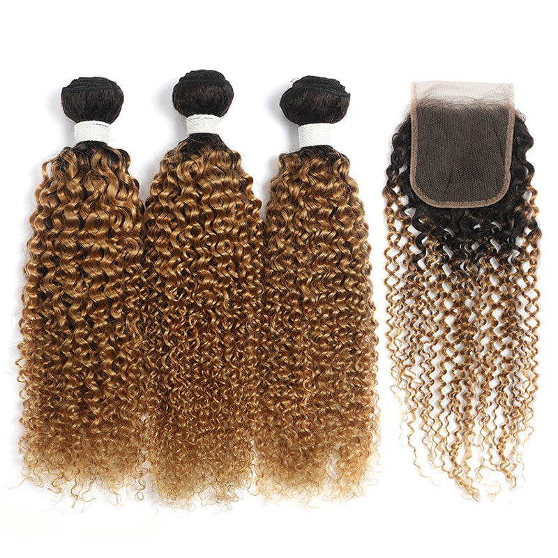 Kinky Curly Ombre Honey Blonde 3 Bundles with one Free/Middle Part Lace Closure (4330075357254)