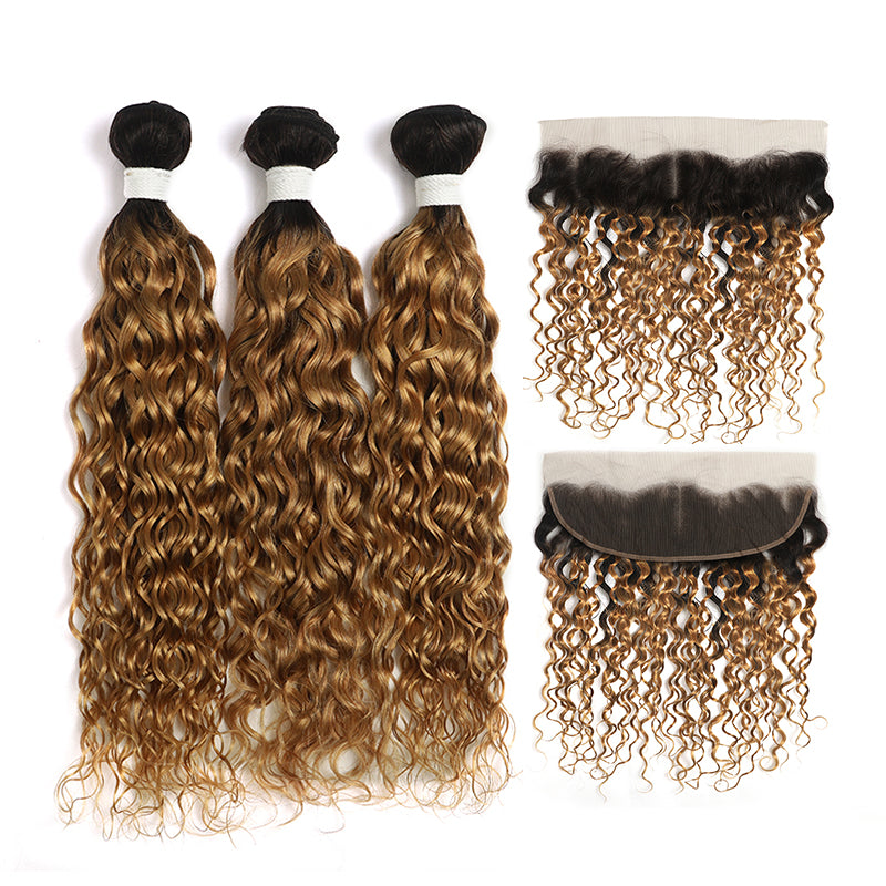 Water Wave Ombre Honey Blonde 3 Bundles with one Free/Middle Part Lace Frontal (4330227728454)