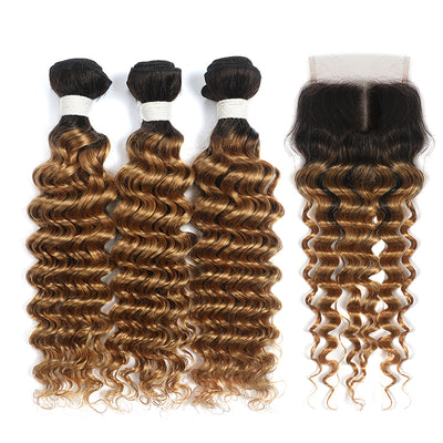 Deep Wave Ombre Honey Blonde 3 Bundles with one Free/Middle Part Lace Closure (4330047864902)