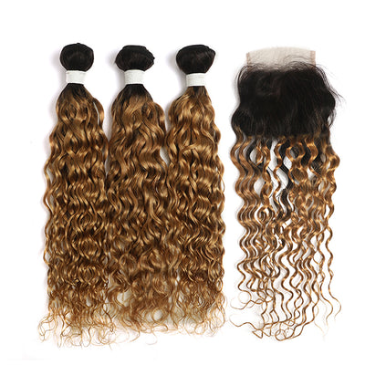 Water Wave Ombre Honey Blonde 3 Bundles with one Free/Middle Part Lace Closure (4330231365702)