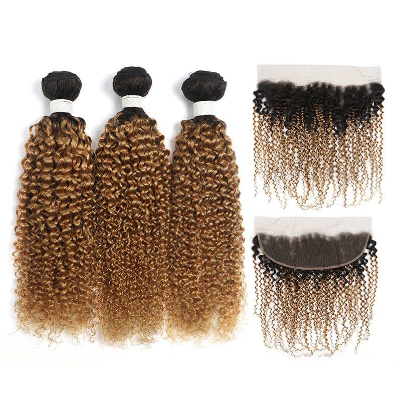 Kinky Curly Ombre Honey Blonde 3 Bundles with one Free/Middle Part Lace Frontal (4330073194566)