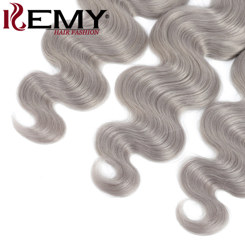 Kemy Hair Body Wave Silver Gray Remy 3Bundles Human Hair with 4×4 Lace Closure