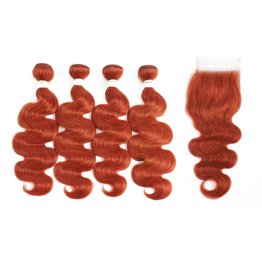 Kemy Hair Body Wave Burnt Orange Remy Human Hair 4Bundles with 4×4 Lace Closure(350#)