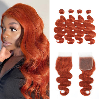 Kemy Hair Body Wave Burnt Orange Remy Human Hair 4Bundles with 4×4 Lace Closure(350#)