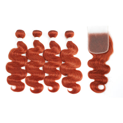 Kemy Hair Body Wave Burnt Orange Remy Human Hair 4Bundles with 4×4 Lace Closure(350#)