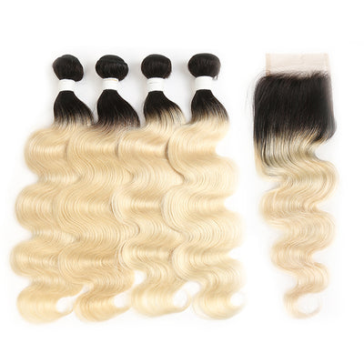 Ombre Blond Body Wave Remy 4 Human Hair Bundles with One 4×4 Free/Middle Lace Closure (1B/613) (3947290165318)