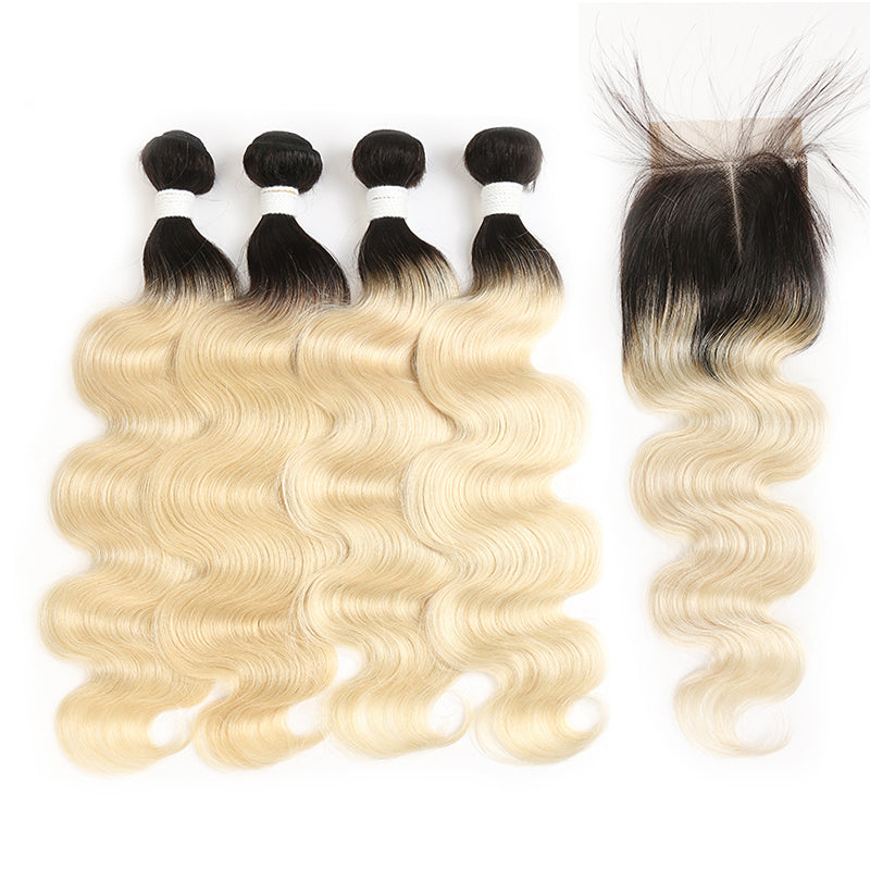 Ombre Blond Body Wave Remy 4 Human Hair Bundles with One 4×4 Free/Middle Lace Closure (1B/613) (3947290165318)