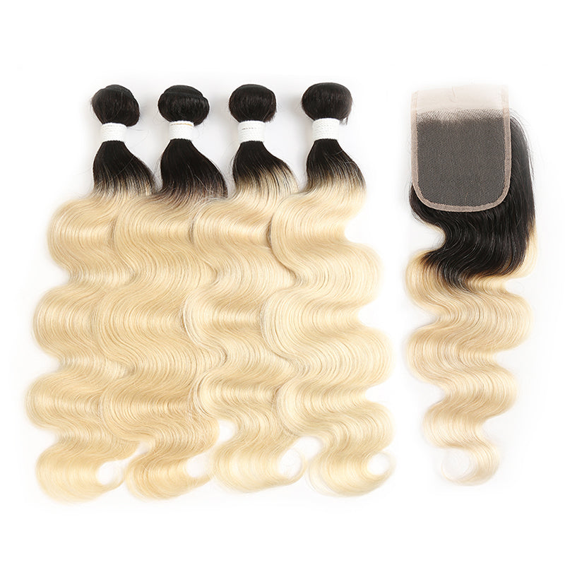 Ombre Blond Body Wave Remy 4 Human Hair Bundles with One 4×4 Free/Middle Lace Closure (1B/613) (3947290165318)