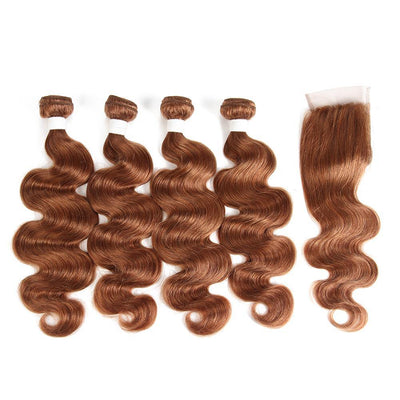 Body Wave Brown Human Hair 4 Bundles Weave with One Free/Middle Part 4×4 Lace Closure (30) (2851314172004)