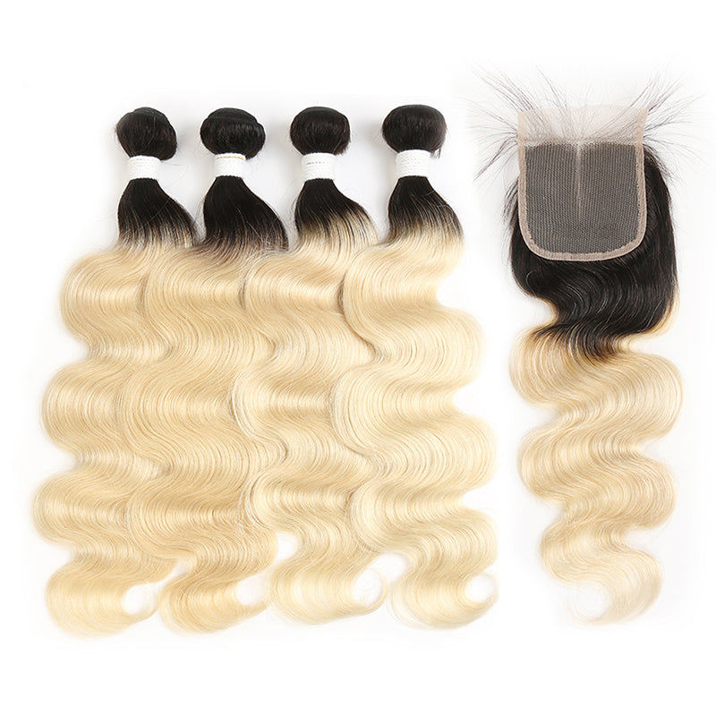 Ombre Blond Body Wave Remy 4 Human Hair Bundles with One 4×4 Free/Middle Lace Closure (1B/613) (3947290165318)