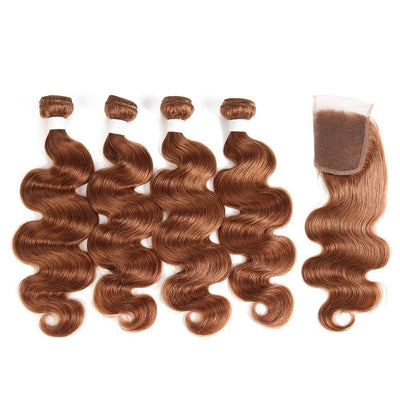 Body Wave Brown Human Hair 4 Bundles Weave with One Free/Middle Part 4×4 Lace Closure (30) (2851314172004)