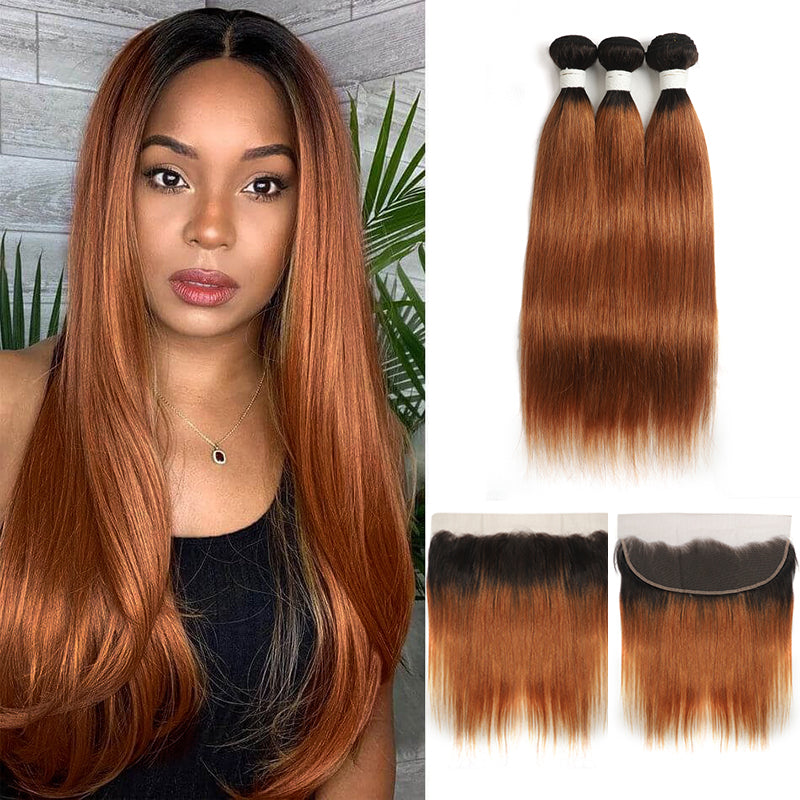Kemy Hair Ombre Brown Brazilian Straight Human Hair Bundles With Frontal 13x4