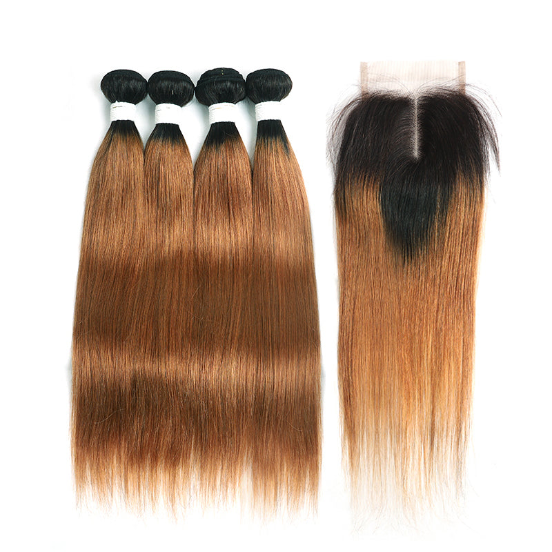 Ombre 30 Straight 4 Human Hair Bundles with One 4×4 Free/Middle Lace Closure (4251450015814)