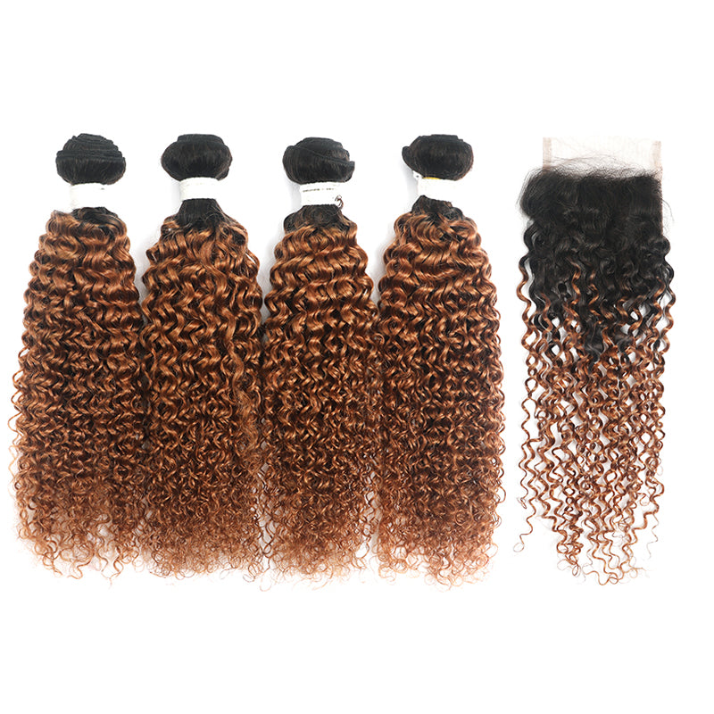 Ombre Ginger Brown Kinky Curly 4 Hair Bundles with 4×4 Lace Closure(T1B/30) (4375234281542)