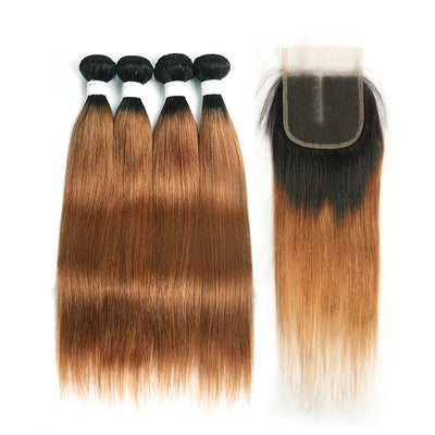 Ombre 30 Straight 4 Human Hair Bundles with One 4×4 Free/Middle Lace Closure (4251450015814)