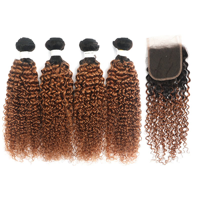 Ombre Ginger Brown Kinky Curly 4 Hair Bundles with 4×4 Lace Closure(T1B/30) (4375234281542)