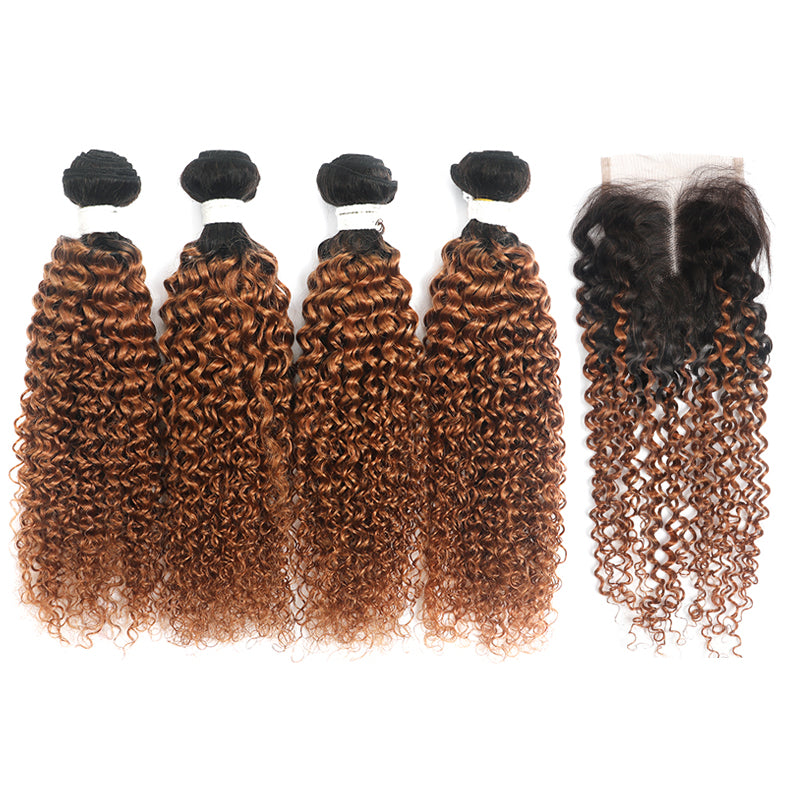 Ombre Ginger Brown Kinky Curly 4 Hair Bundles with 4×4 Lace Closure(T1B/30) (4375234281542)