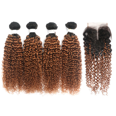 Ombre Ginger Brown Kinky Curly 4 Hair Bundles with 4×4 Lace Closure(T1B/30) (4375234281542)