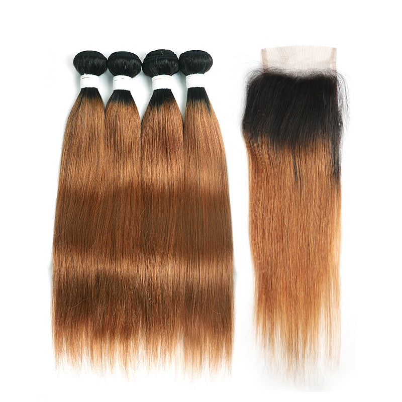 Ombre 30 Straight 4 Human Hair Bundles with One 4×4 Free/Middle Lace Closure (4251450015814)