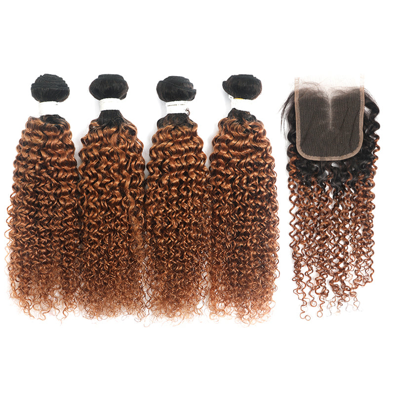 Ombre Ginger Brown Kinky Curly 4 Hair Bundles with 4×4 Lace Closure(T1B/30) (4375234281542)
